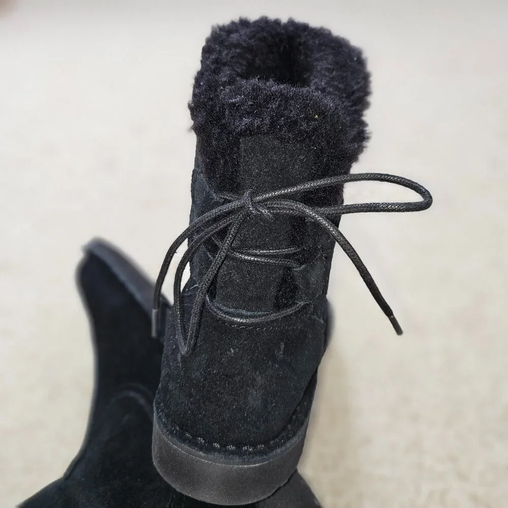 NWOT UGG BLACK SUEDE BOOTS with LACE UP BACK TIES  & COZY PLUSH LINING SIZE 6 - Picture 3 of 12
